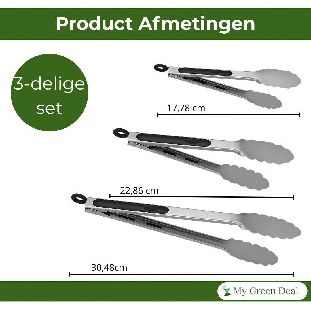 My Green Deal – RVS Keukentangen Set 3-delig – Roestvrijstalen Voedseltangen met Siliconen Grip – Duurzame Keukentang Set voor Koken & BBQ