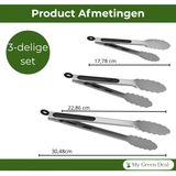 My Green Deal – RVS Keukentangen Set 3-delig – Roestvrijstalen Voedseltangen met Siliconen Grip – Duurzame Keukentang Set voor Koken & BBQ