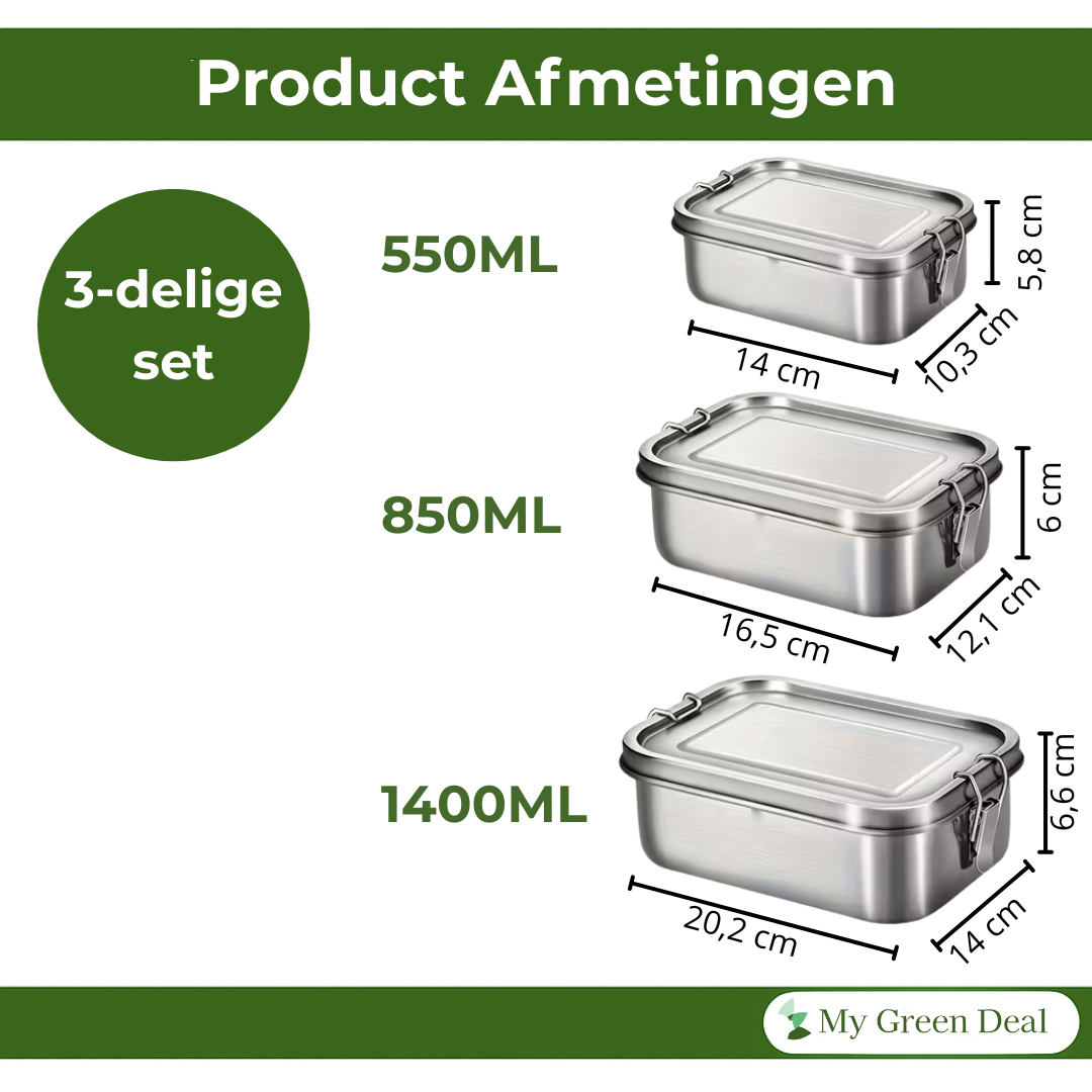 My Green Deal – RVS Lunchbox Rechthoekig (Set van 3) – Herbruikbare Broodtrommel / Voedselcontainer