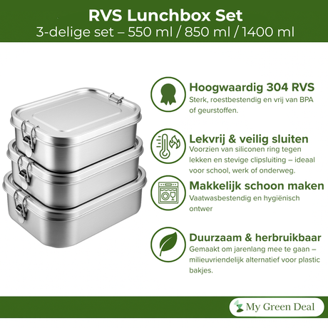 My Green Deal – RVS Lunchbox Rechthoekig (Set van 3) – Herbruikbare Broodtrommel / Voedselcontainer