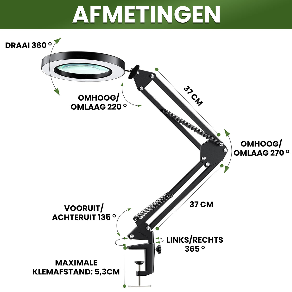 My Green Deal - Loeplamp met led verlichting - Met tafelklem - Vergrootglas 5X met verlichting - Led looplamp - Hobbylamp - Vergrootglas op standaard