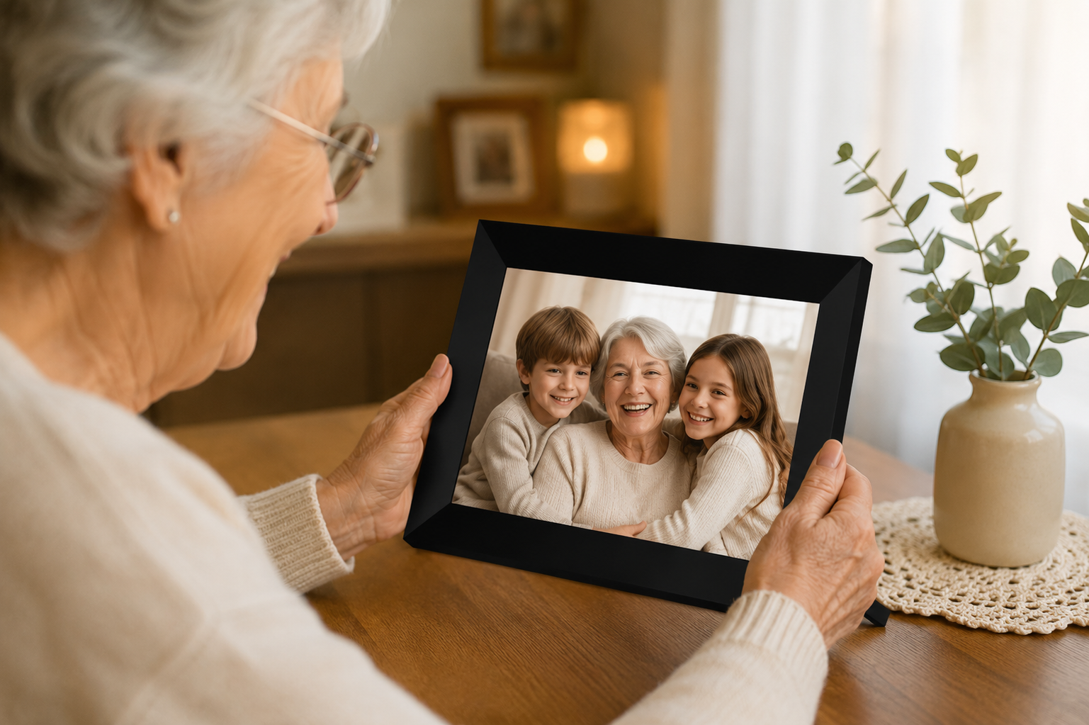 Oma bekijkt foto’s op de digitale fotolijst