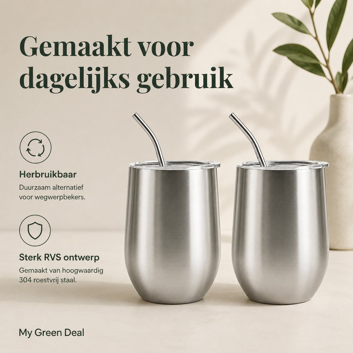 RVS Cocktail Bekers met Rietje – 2 stuks - My Green Deal