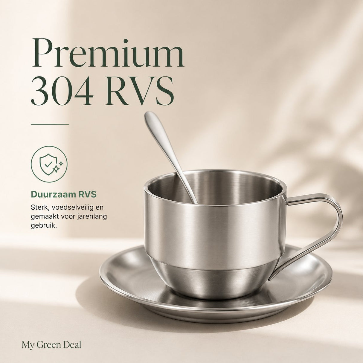 RVS Koffiekop met Schotel & Lepel - My Green Deal