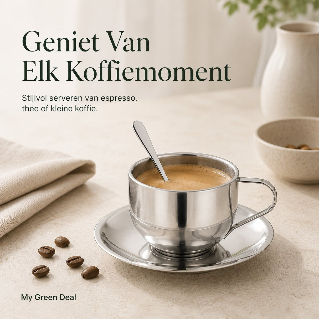 RVS Koffiekop met Schotel & Lepel - My Green Deal