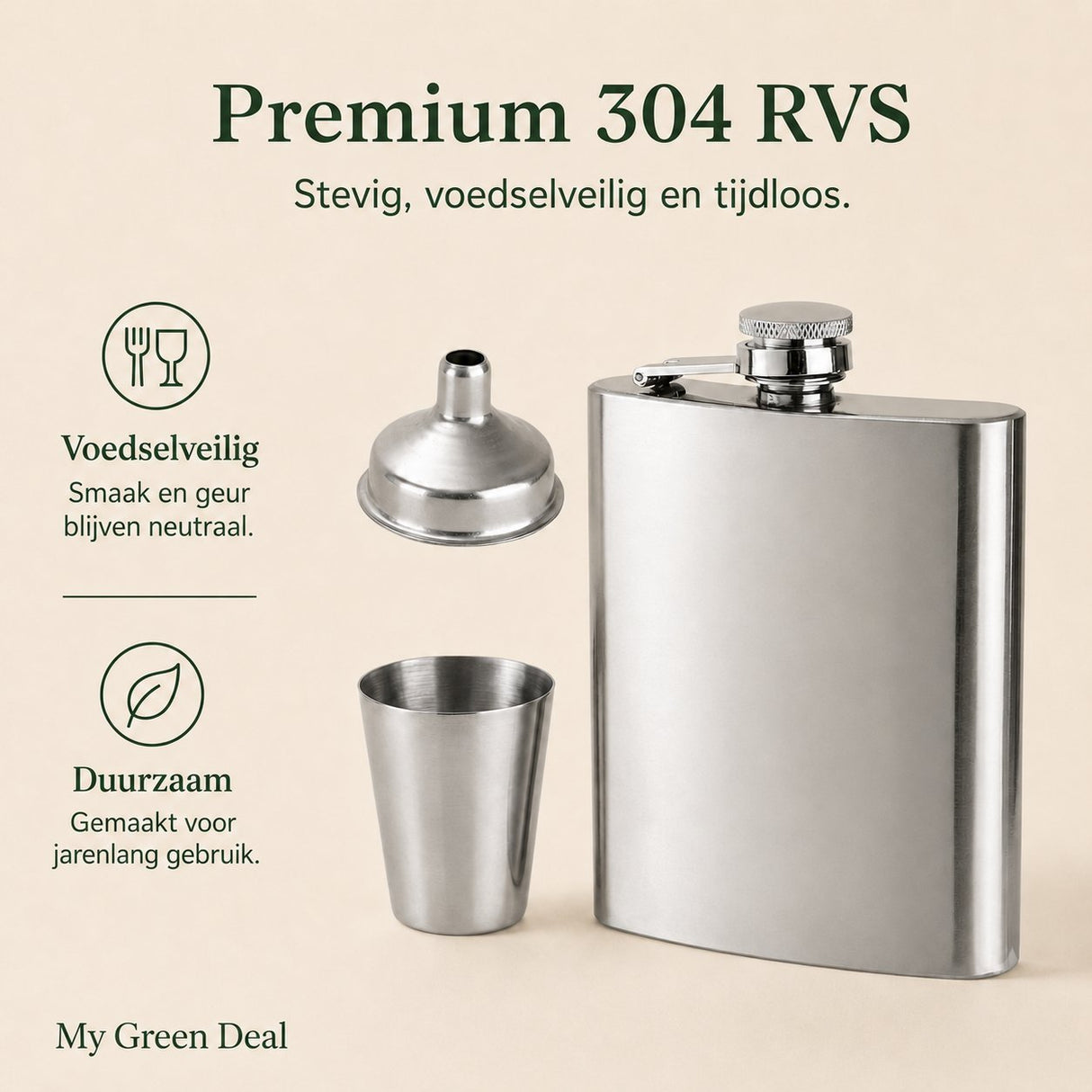 RVS Heupfles 180ml met trechter - My Green Deal