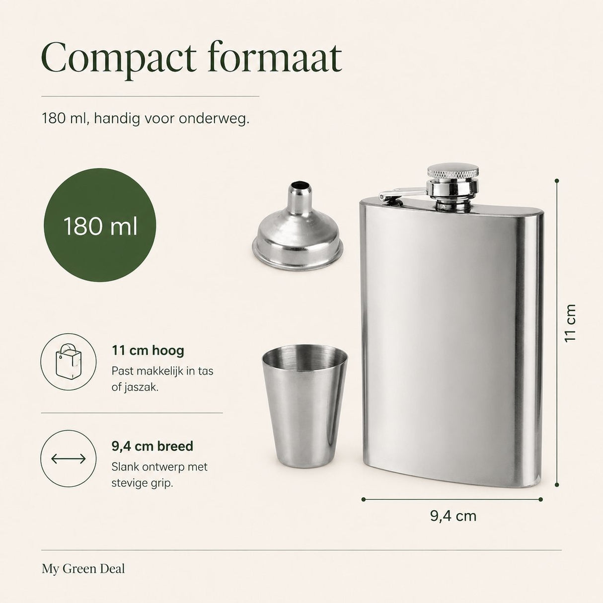 RVS Heupfles 180ml met trechter - My Green Deal