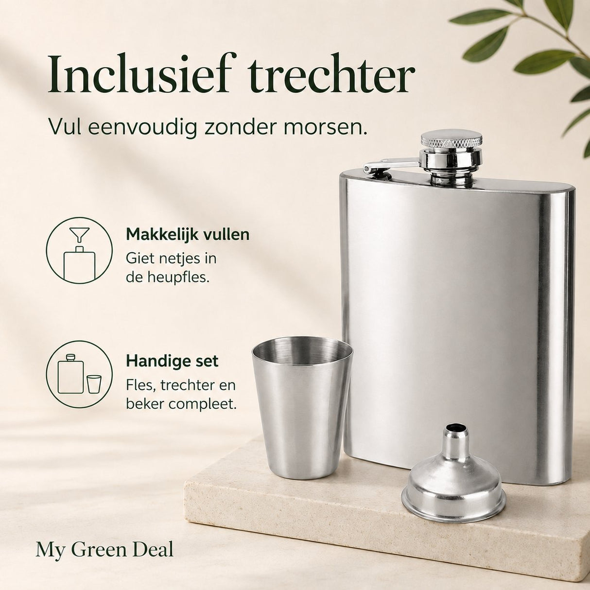 RVS Heupfles 180ml met trechter - My Green Deal