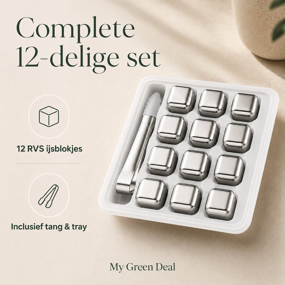 RVS IJsblokjes Set – 12 stuks met Tang - My Green Deal