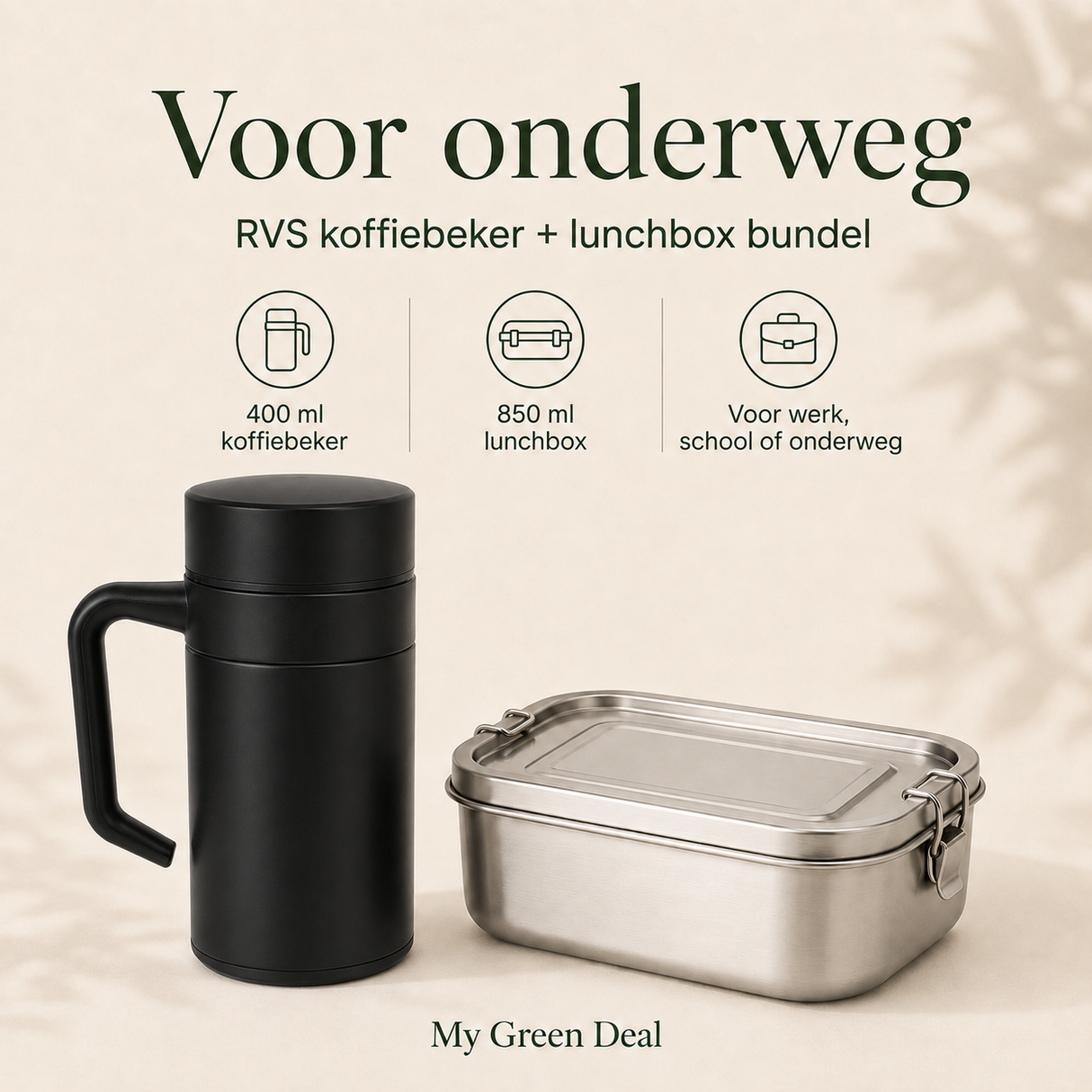 RVS Lunchbox & Koffiebeker To Go Set - Zwart