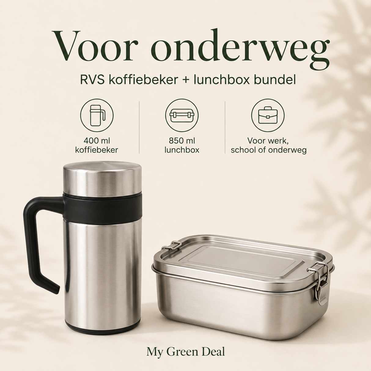 RVS Lunchbox & Koffiebeker To Go Set - Zilver