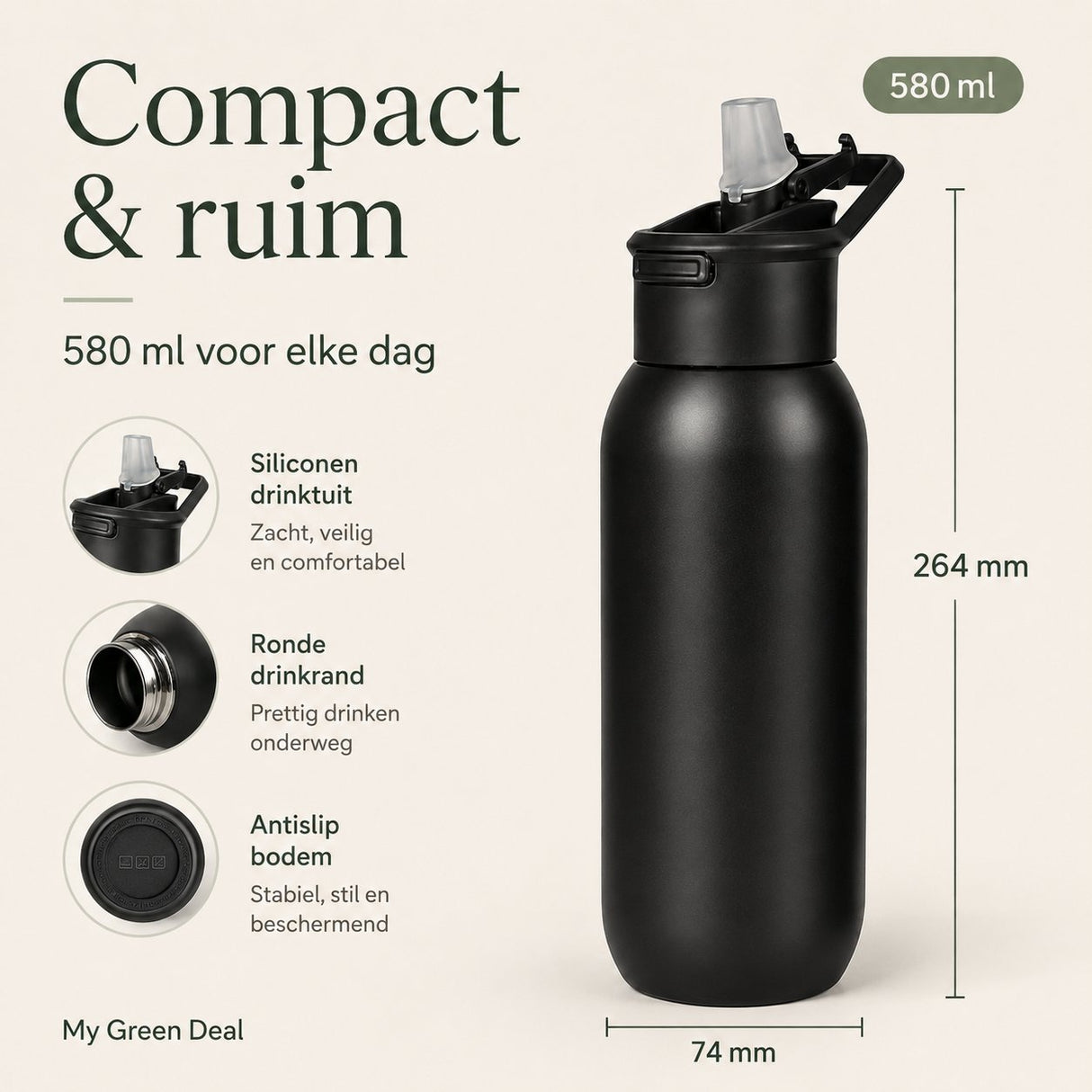 RVS bidon zwart 580ml - My Green Deal
