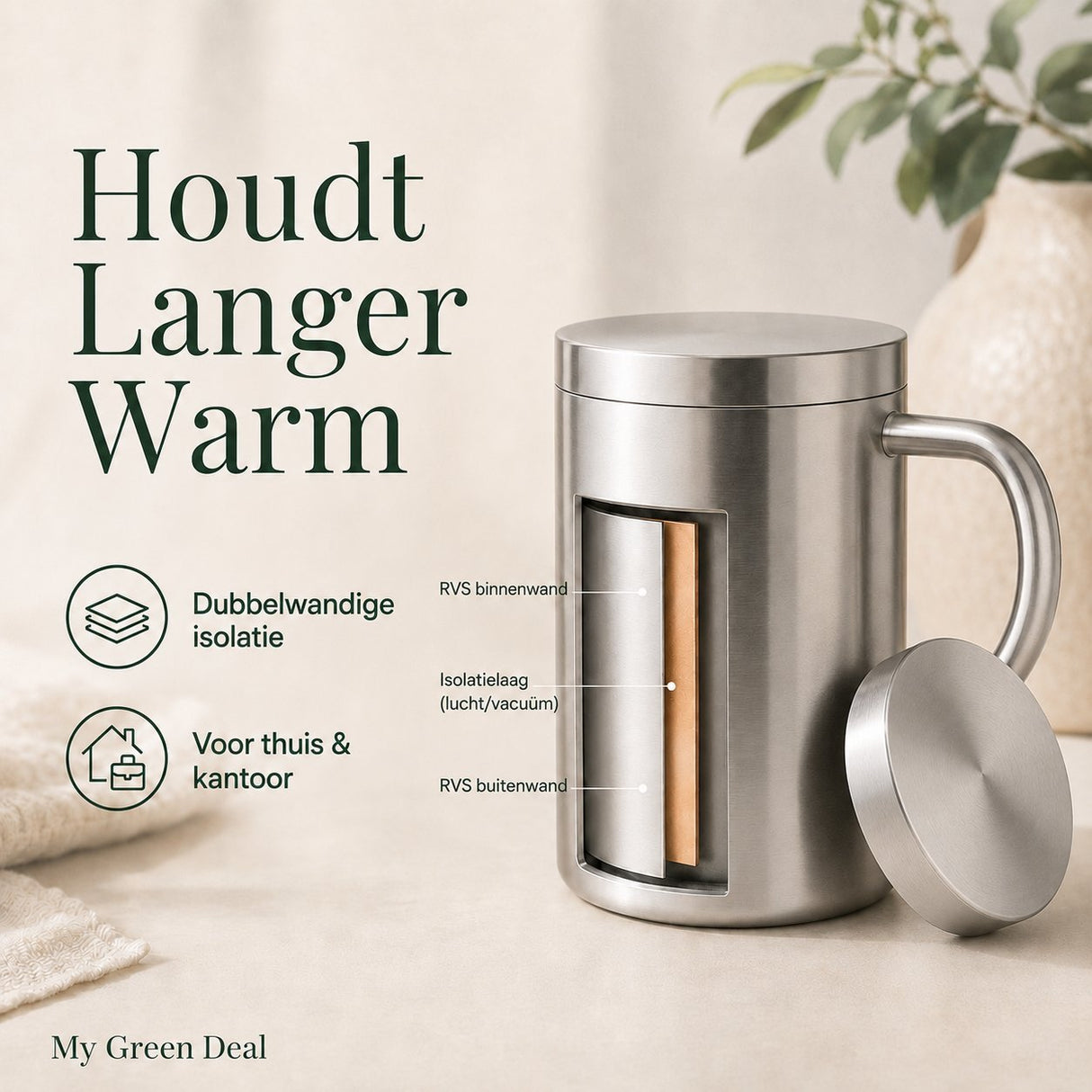 RVS isolerende Mok met Deksel – 400ml - My Green Deal