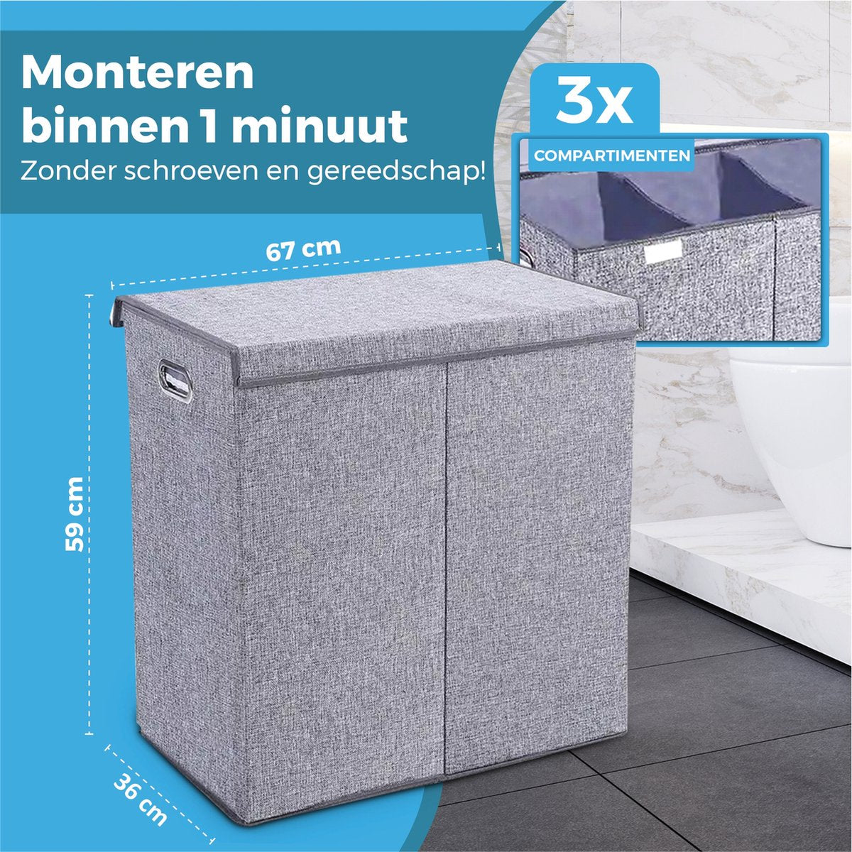 My Green Deal- Wasmand 3 vakken - met deksel - 140 Liter - Wassorteerder - Laundry Basket image 5